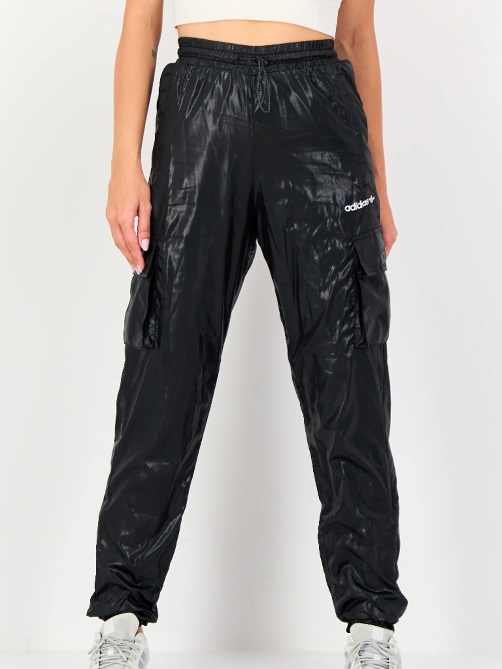 NWT adidas Originals Jogger Pants SMALL Black Shiny Nylon Cargo Y2K Streetwear